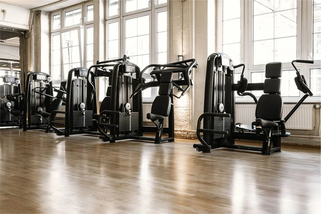 Row of strength machines in the fitness area at Lokahi Loft Berlin