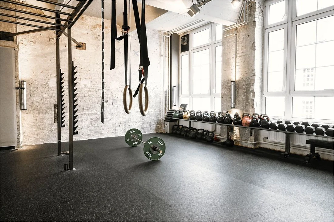 Functional rig with rings and weight plates in the strength room at Lokahi Loft Berlin