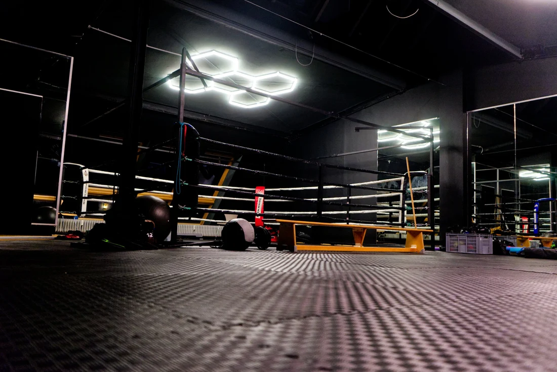 Boxing ring with punching bag and hexagon lighting in the martial arts area at Lokahi Loft Berlin